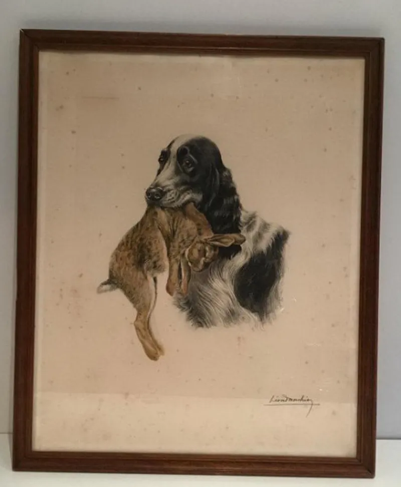 Hot Pamono Léon Danchin, English Setter and Rabbit, 1920s, Colored Lithograph