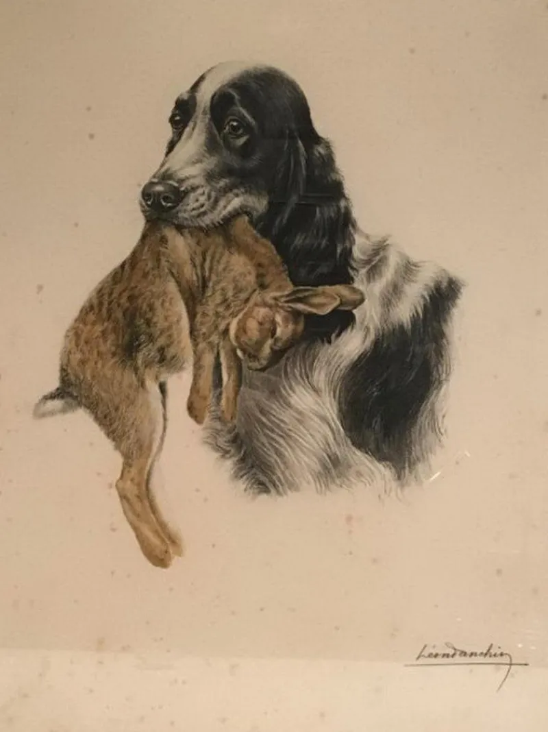 Hot Pamono Léon Danchin, English Setter and Rabbit, 1920s, Colored Lithograph