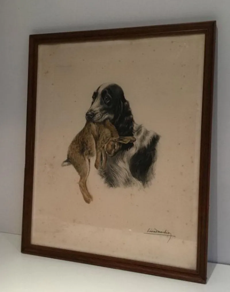 Hot Pamono Léon Danchin, English Setter and Rabbit, 1920s, Colored Lithograph