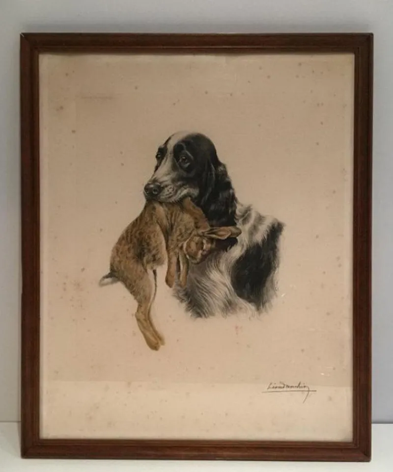 Hot Pamono Léon Danchin, English Setter and Rabbit, 1920s, Colored Lithograph