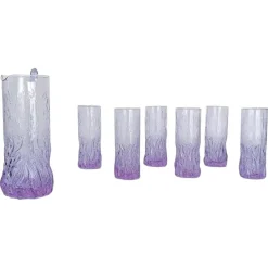 Pamono Long Drink Tumbler Glasses & Jug Set in Pale Lilac Bark Glass in the style of Whitefriars & Geoffrey Baxter, 1960s, Set of 7> Glassware