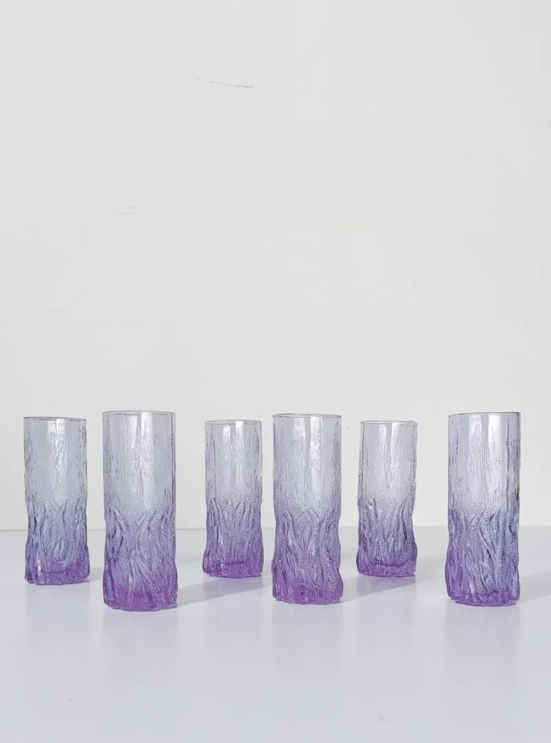 Pamono Long Drink Tumbler Glasses & Jug Set in Pale Lilac Bark Glass in the style of Whitefriars & Geoffrey Baxter, 1960s, Set of 7> Glassware