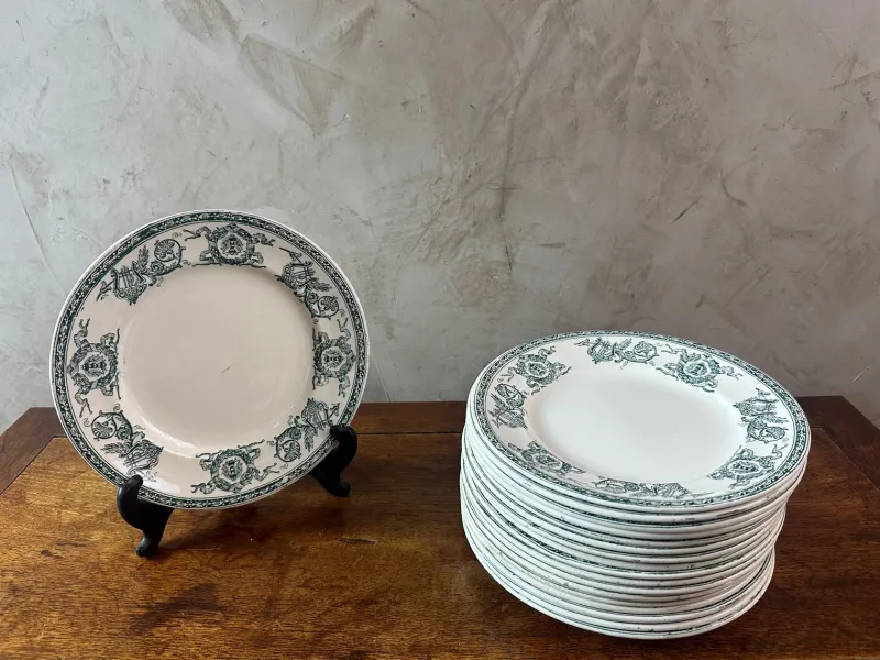 Pamono Longwy Iron Land Service, 1890, Set of 60> Dinner Plates & Bowls
