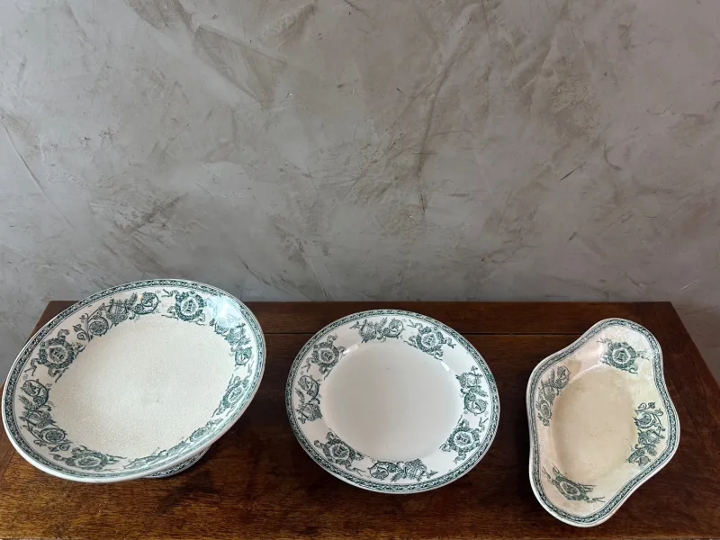 Pamono Longwy Iron Land Service, 1890, Set of 60> Dinner Plates & Bowls
