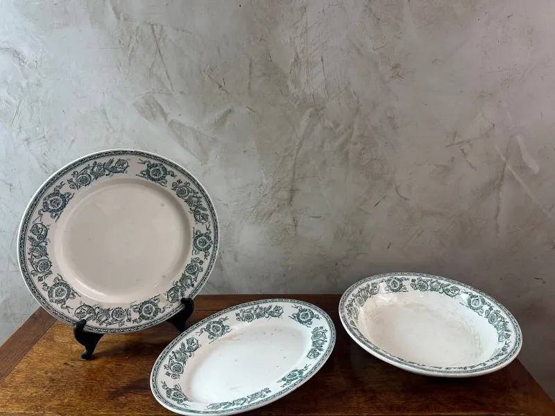 Pamono Longwy Iron Land Service, 1890, Set of 60> Dinner Plates & Bowls