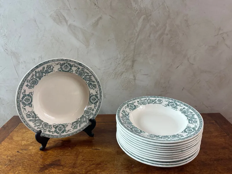 Pamono Longwy Iron Land Service, 1890, Set of 60> Dinner Plates & Bowls