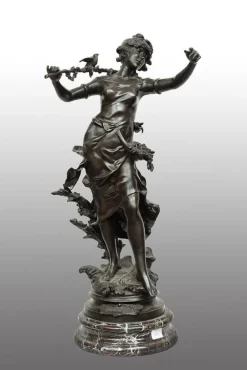 Pamono Louis Moreau, Nimphe de Bois, 19th Century, Patinated Bronze on Red Levanto Marble Base> Sculpture
