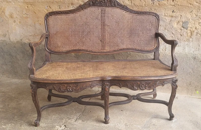Outlet Pamono Louis XV Rattan Bench, 19th Century