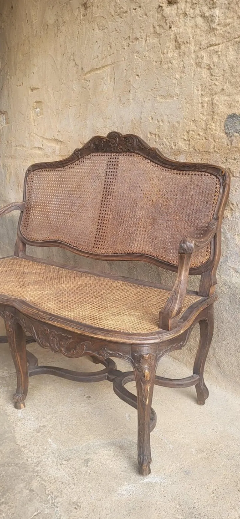 Outlet Pamono Louis XV Rattan Bench, 19th Century