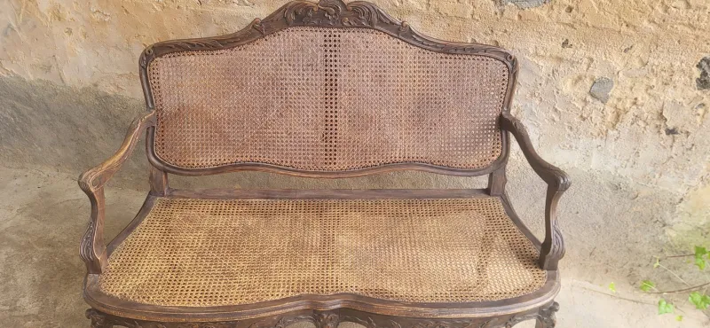 Outlet Pamono Louis XV Rattan Bench, 19th Century