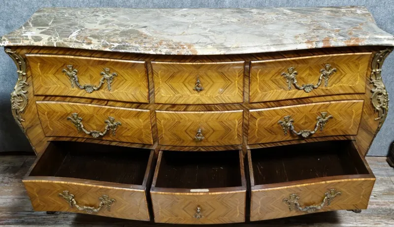 Clearance Pamono Louis XV Style Curved Chest of Drawers in Marquetry, 1880