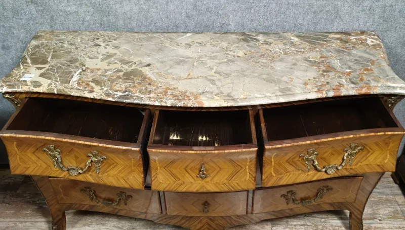 Clearance Pamono Louis XV Style Curved Chest of Drawers in Marquetry, 1880