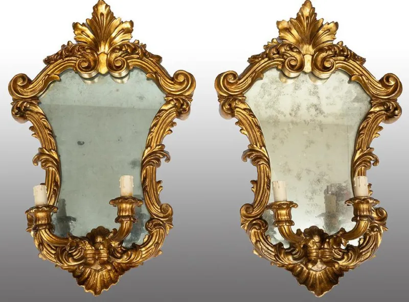 Pamono Louis XV Style Mirrors in Gilded and Carved Wood, Venice, 19th Century, Set of 2> Wall Lights & Sconces