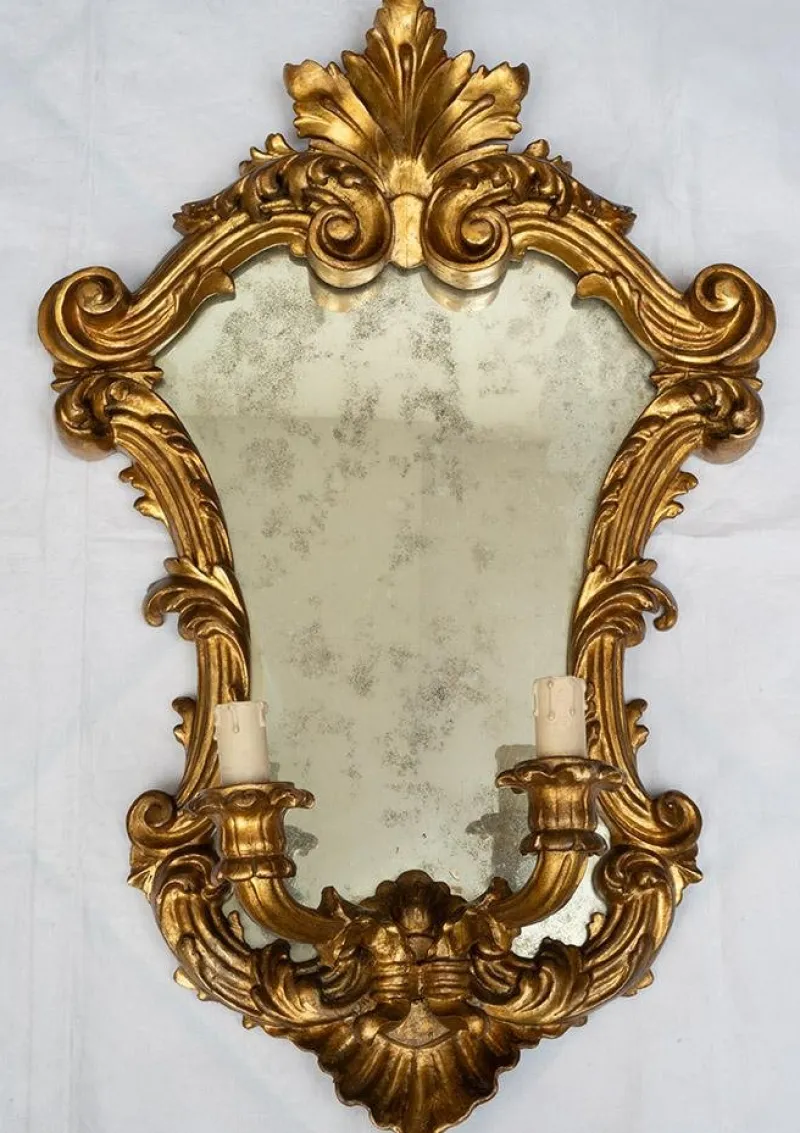 Pamono Louis XV Style Mirrors in Gilded and Carved Wood, Venice, 19th Century, Set of 2> Wall Lights & Sconces