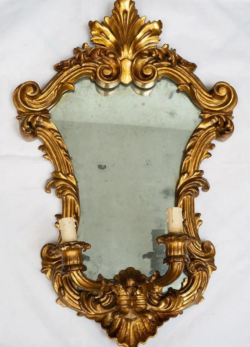 Pamono Louis XV Style Mirrors in Gilded and Carved Wood, Venice, 19th Century, Set of 2> Wall Lights & Sconces