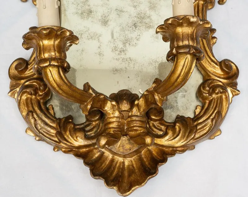 Pamono Louis XV Style Mirrors in Gilded and Carved Wood, Venice, 19th Century, Set of 2> Wall Lights & Sconces