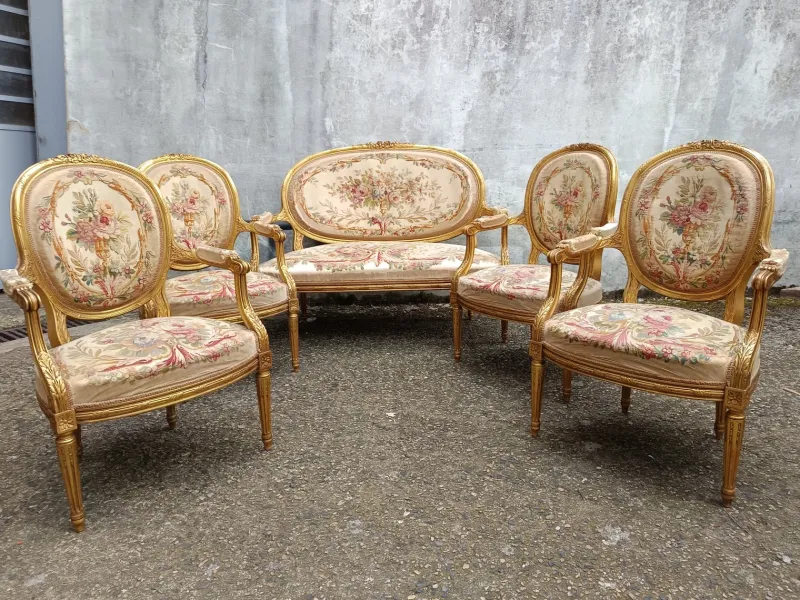 Pamono Louis XVI Gilded Wood Medallion Lounge Set, 1890s, Set of 5> Living Room Sets