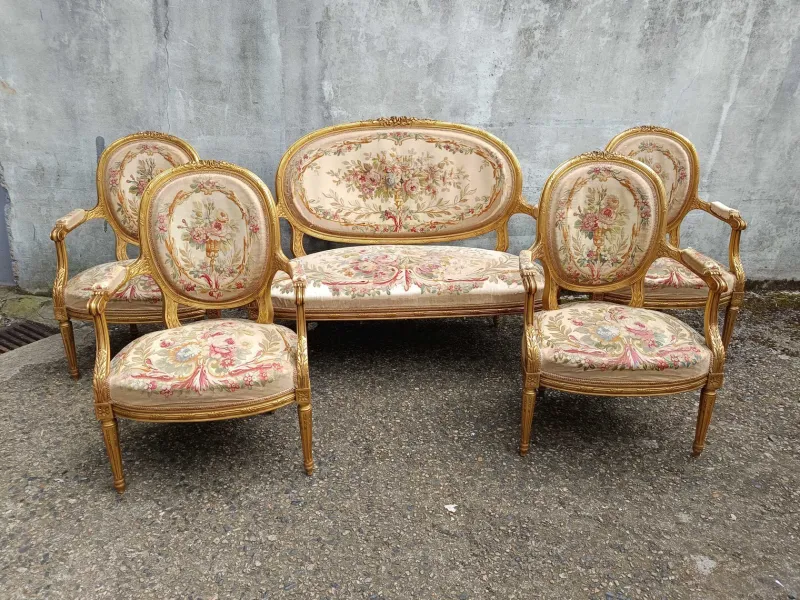 Pamono Louis XVI Gilded Wood Medallion Lounge Set, 1890s, Set of 5> Living Room Sets
