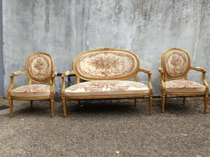 Pamono Louis XVI Gilded Wood Medallion Lounge Set, 1890s, Set of 5> Living Room Sets