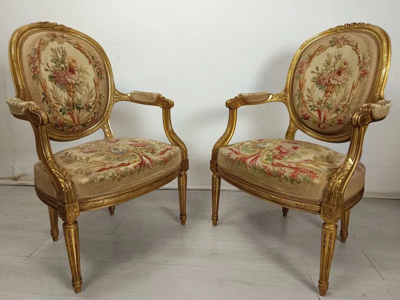 Pamono Louis XVI Gilded Wood Medallion Lounge Set, 1890s, Set of 5> Living Room Sets