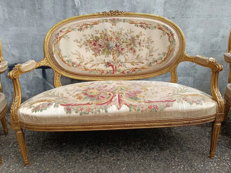 Pamono Louis XVI Gilded Wood Medallion Lounge Set, 1890s, Set of 5> Living Room Sets