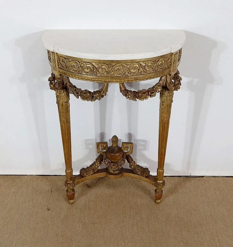 Pamono Louis XVI Mid 19th Century Marble and Gilded Wood Half-Moon Support Console