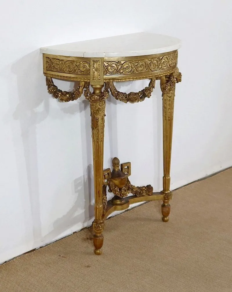 Pamono Louis XVI Mid 19th Century Marble and Gilded Wood Half-Moon Support Console