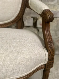 Pamono Louis XVI Style Carved Walnut Armchair with Beige Upholstery><noscript><img width=
