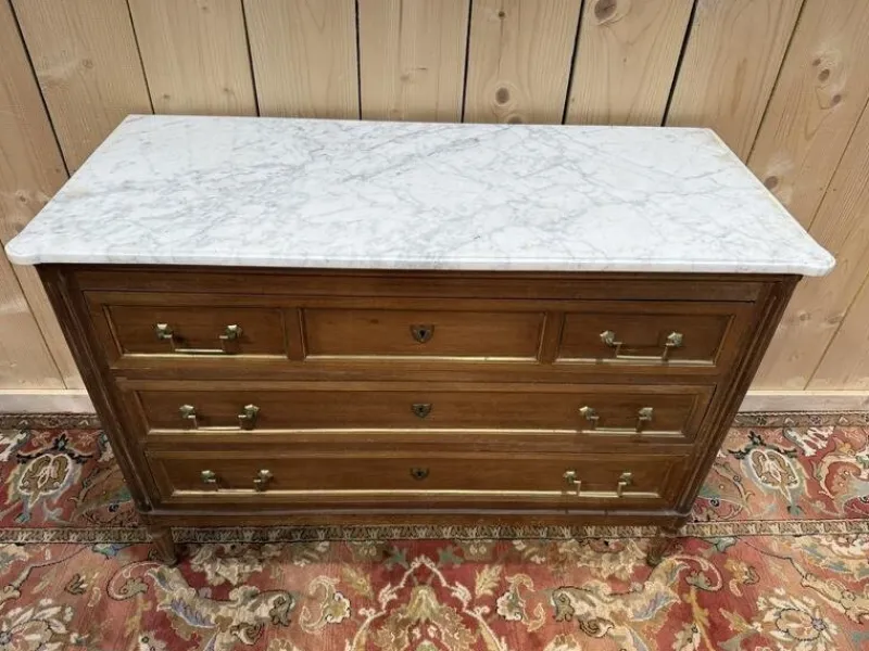 Discount Pamono Louis Xvi Style Chest of Drawers in Mahogany and Brass Trim, White Carrara Marble