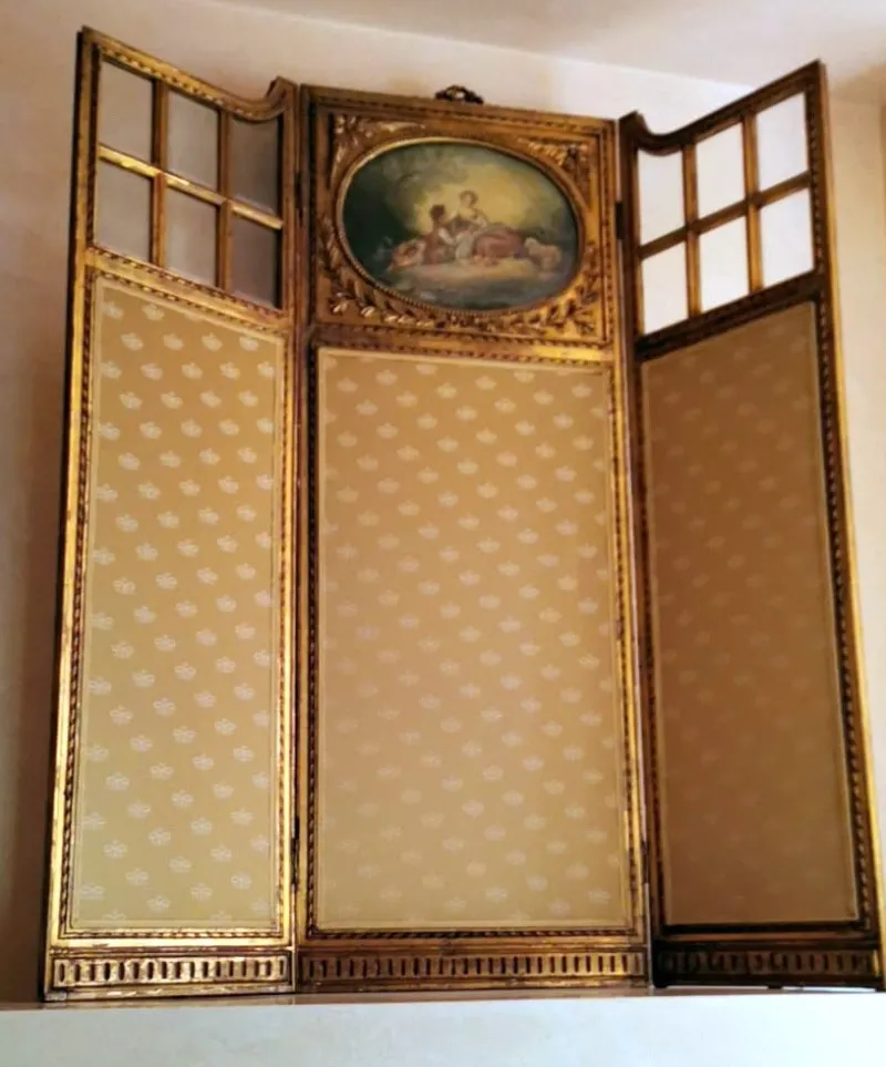 Pamono Louis XVI Style French Screen in Gilded Wood with Oil Painting and Ground Glass> Room Dividers & Screens