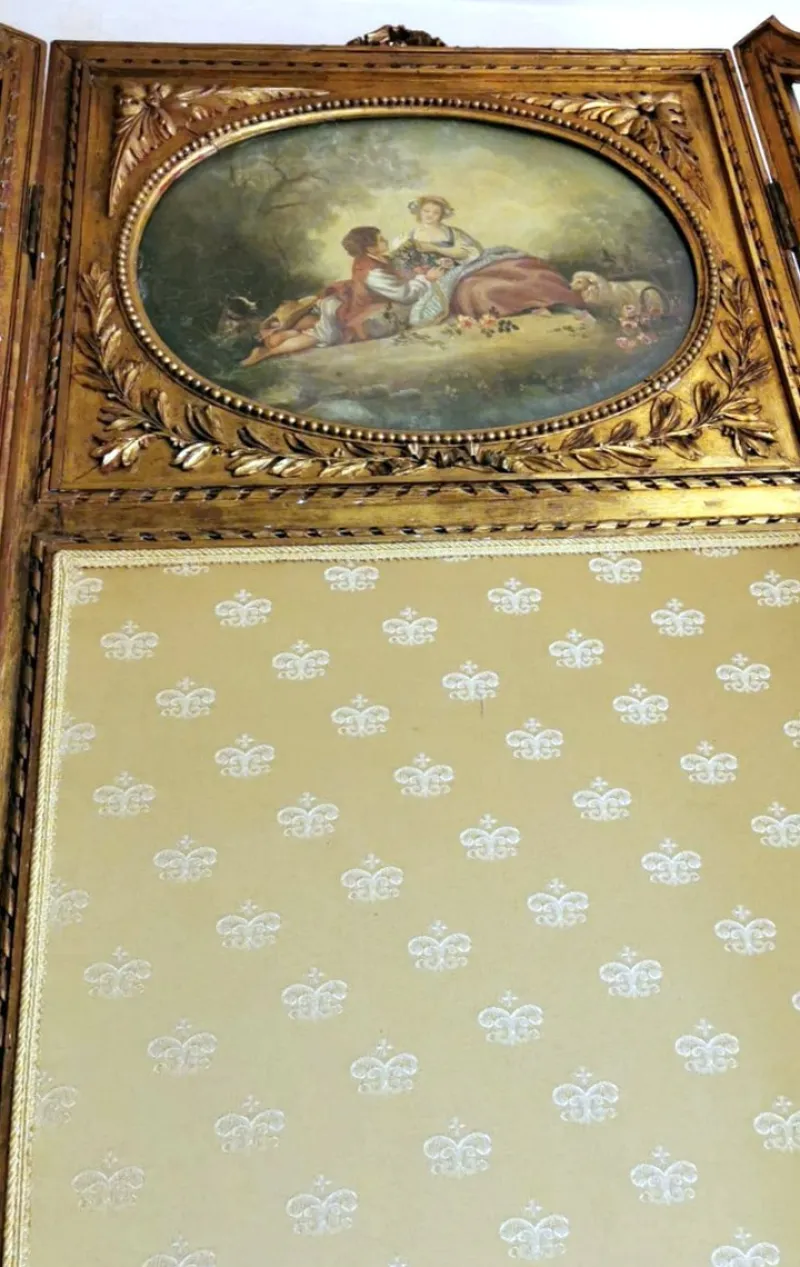 Pamono Louis XVI Style French Screen in Gilded Wood with Oil Painting and Ground Glass> Room Dividers & Screens