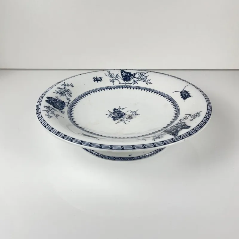 Clearance Pamono Low Blue Butterfly Compote Dish on Pedestal by Minton & Co., 1876