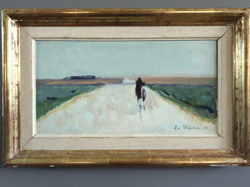 Pamono Low Horizon Street Scenes, 1950s, Paint & Lacquer & Linen, Framed> Minimalist