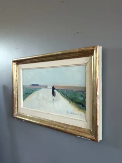 Pamono Low Horizon Street Scenes, 1950s, Paint & Lacquer & Linen, Framed> Minimalist
