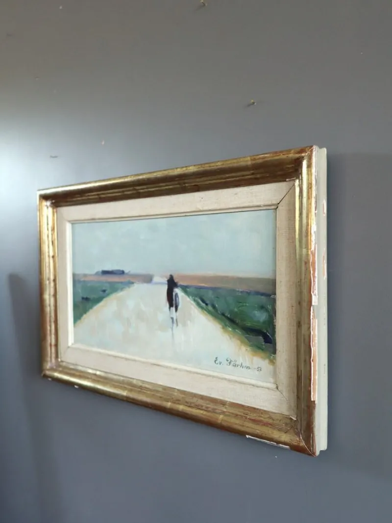 Pamono Low Horizon Street Scenes, 1950s, Paint & Lacquer & Linen, Framed> Minimalist