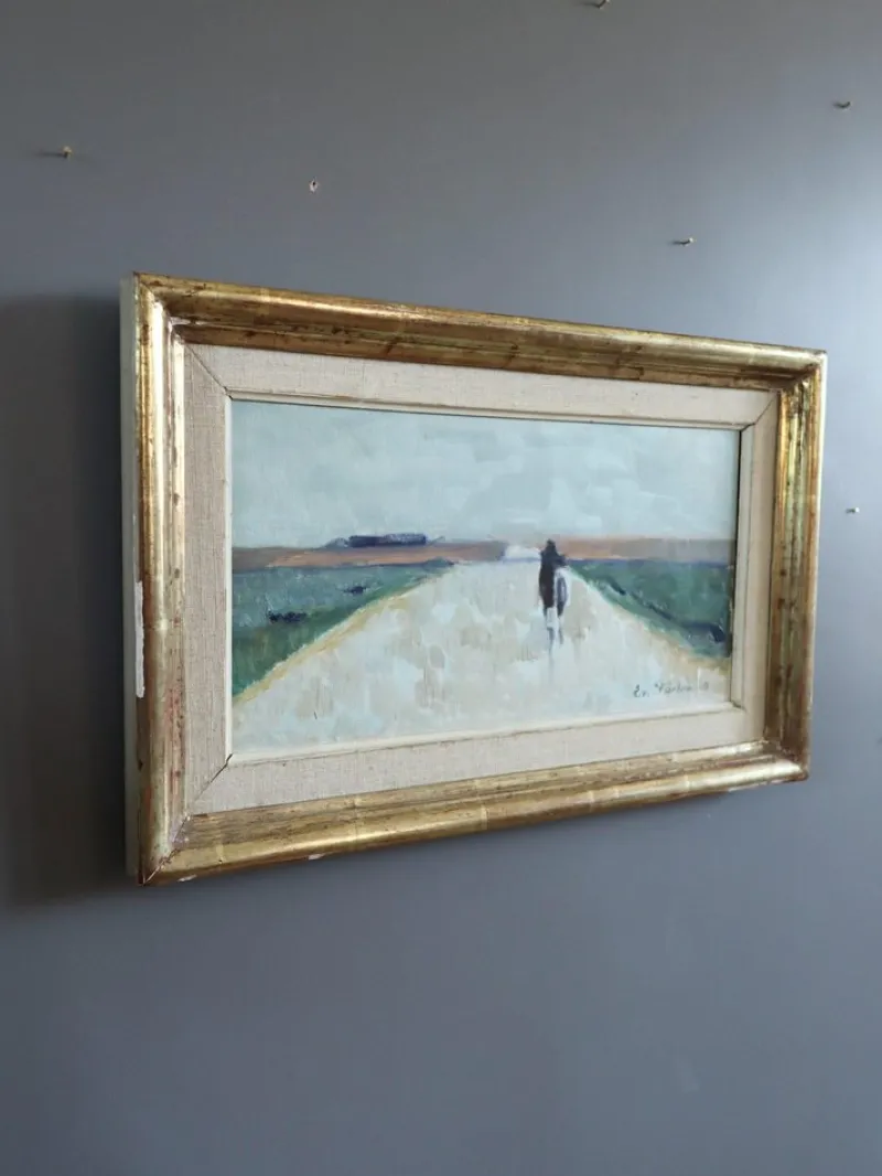 Pamono Low Horizon Street Scenes, 1950s, Paint & Lacquer & Linen, Framed> Minimalist