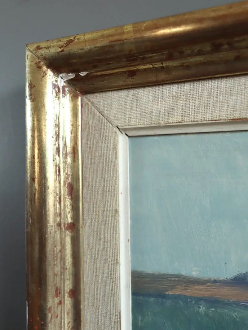 Pamono Low Horizon Street Scenes, 1950s, Paint & Lacquer & Linen, Framed> Minimalist