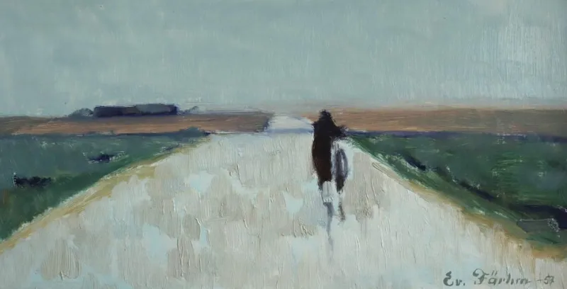 Pamono Low Horizon Street Scenes, 1950s, Paint & Lacquer & Linen, Framed> Minimalist