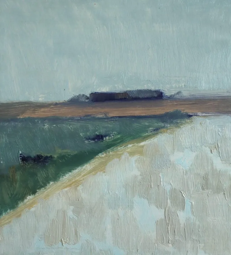 Pamono Low Horizon Street Scenes, 1950s, Paint & Lacquer & Linen, Framed> Minimalist