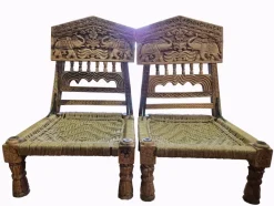 Outlet Pamono Low Indian Hand-Carved Chairs with Elephant Backrests, 1950s, Set of 2