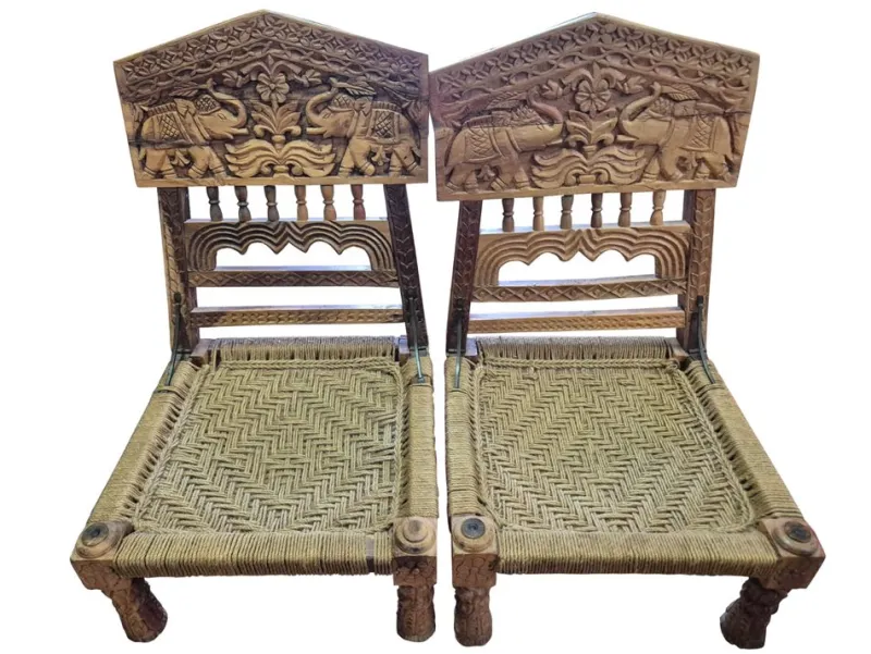 Outlet Pamono Low Indian Hand-Carved Chairs with Elephant Backrests, 1950s, Set of 2