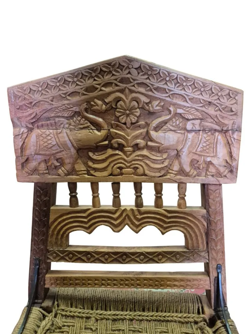 Outlet Pamono Low Indian Hand-Carved Chairs with Elephant Backrests, 1950s, Set of 2