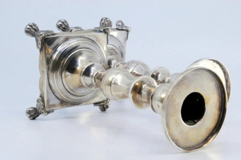 Pamono Low Turned Silver Candlesticks with Hexagonal Shafts, Set of 2> Candleholders