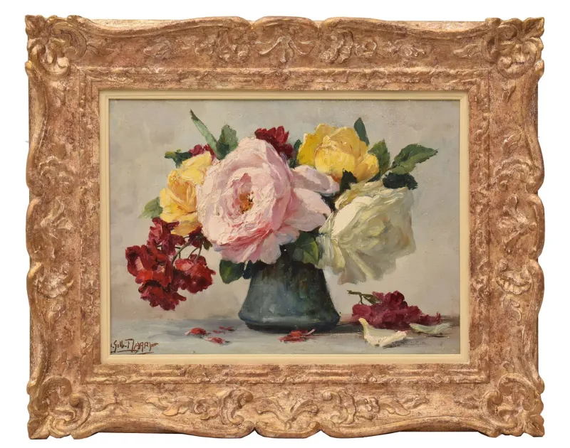 Pamono Lucien Gilbert Darpy, Small Rose Flowers, Oil on Canvas, 20th Century, Framed> Art Deco