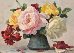 Pamono Lucien Gilbert Darpy, Small Rose Flowers, Oil on Canvas, 20th Century, Framed><noscript><img width=