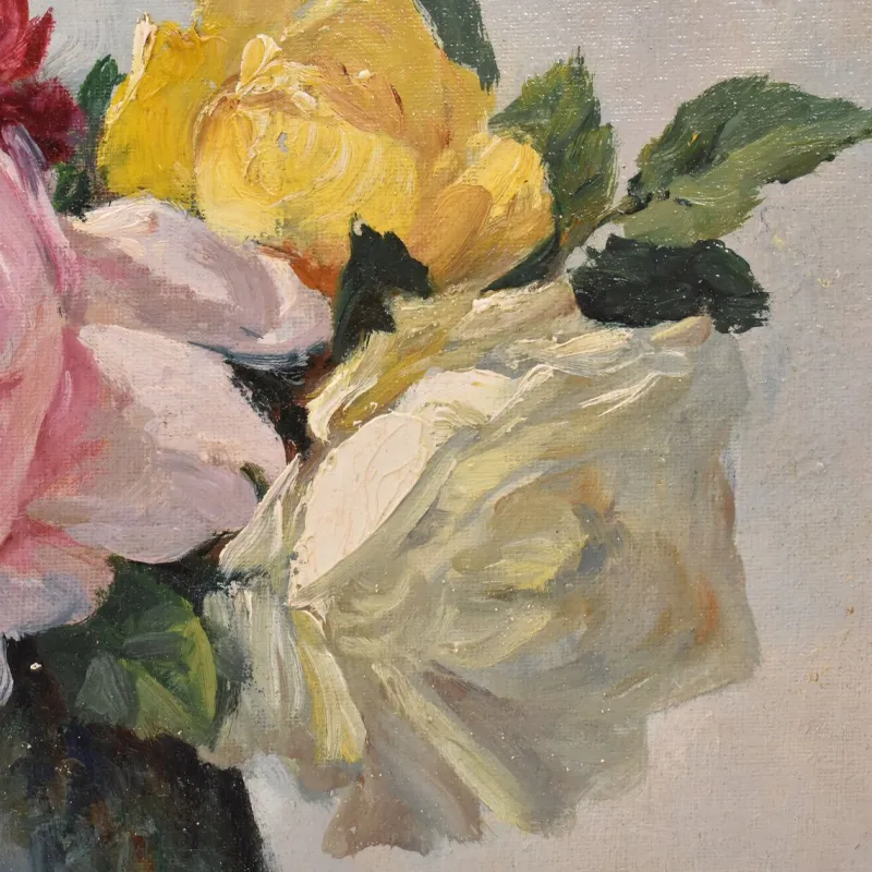 Pamono Lucien Gilbert Darpy, Small Rose Flowers, Oil on Canvas, 20th Century, Framed> Art Deco