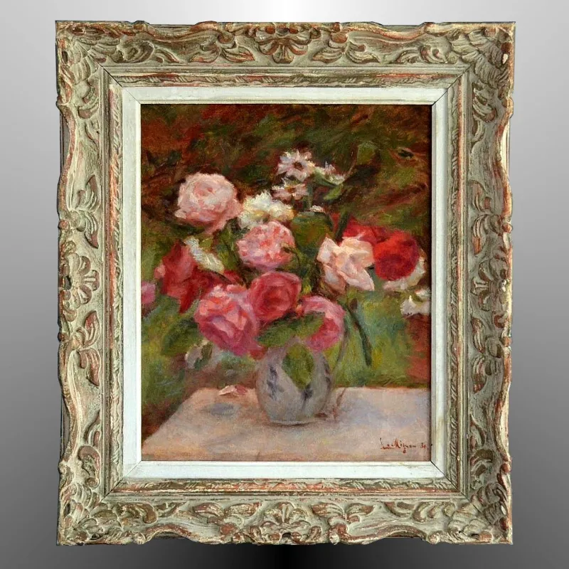 Discount Pamono Lucien Mignon, Impressionist Bouquet of Roses, 1930, Oil on Canvas, Framed
