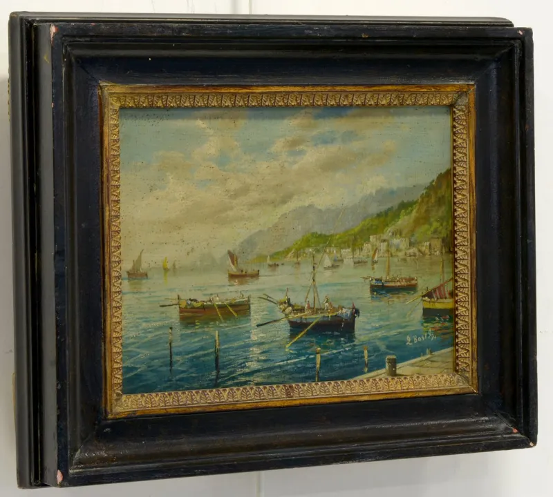 Sale Pamono Luigi Basile, Marina, 1980s, Oil on Tablet, Framed