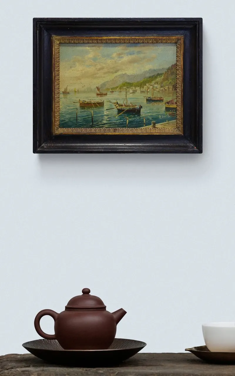 Sale Pamono Luigi Basile, Marina, 1980s, Oil on Tablet, Framed