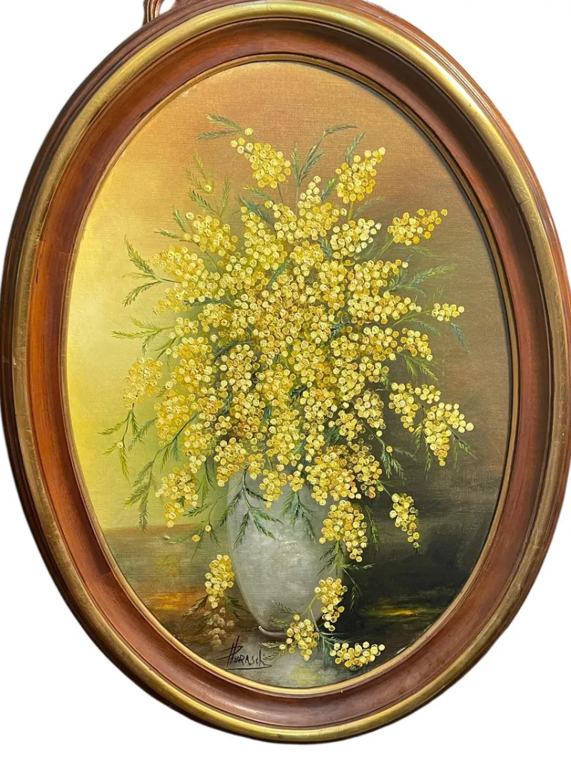 Discount Pamono Luraschi, Vase of Mimosas, 20th Century, Oil Painting on Panel, Framed